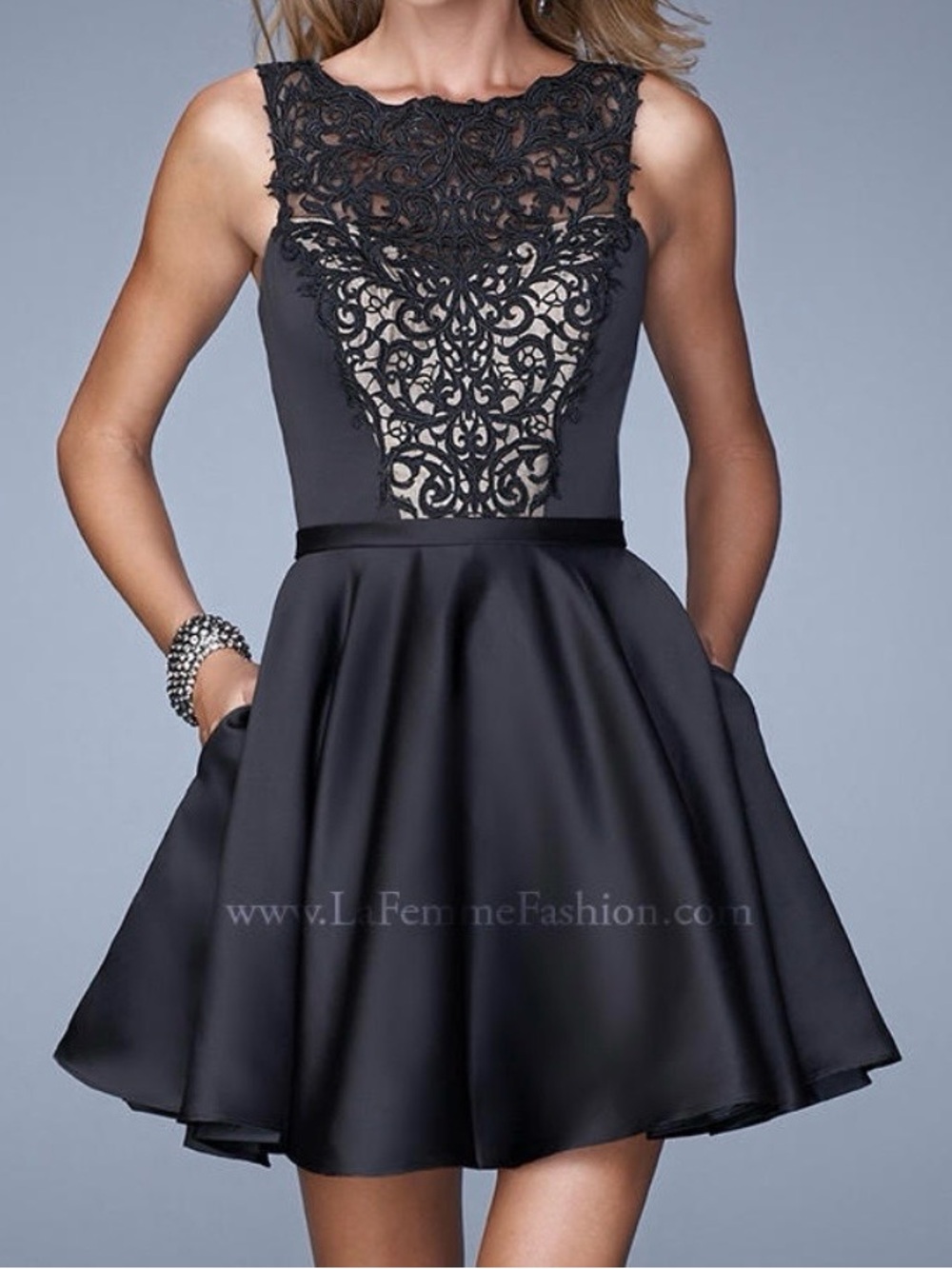 La Femme Black Lace-Inset Satin Mini Dress